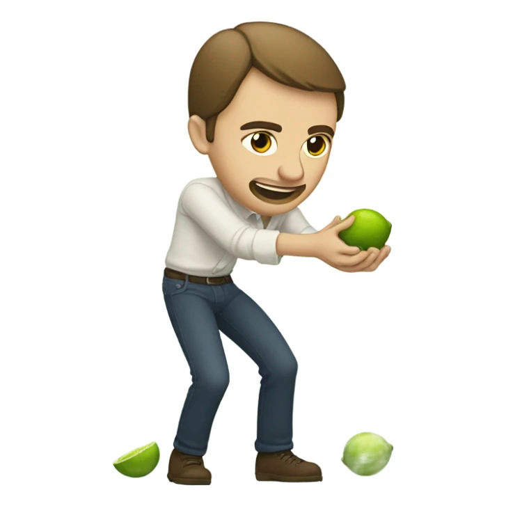 The same white man with brown hair bending down to pick up many fallen limes on the floor . sticker