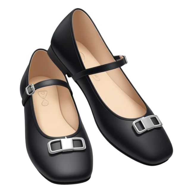 Black square-toed ballet flats with strap and tiny silver buckle sticker