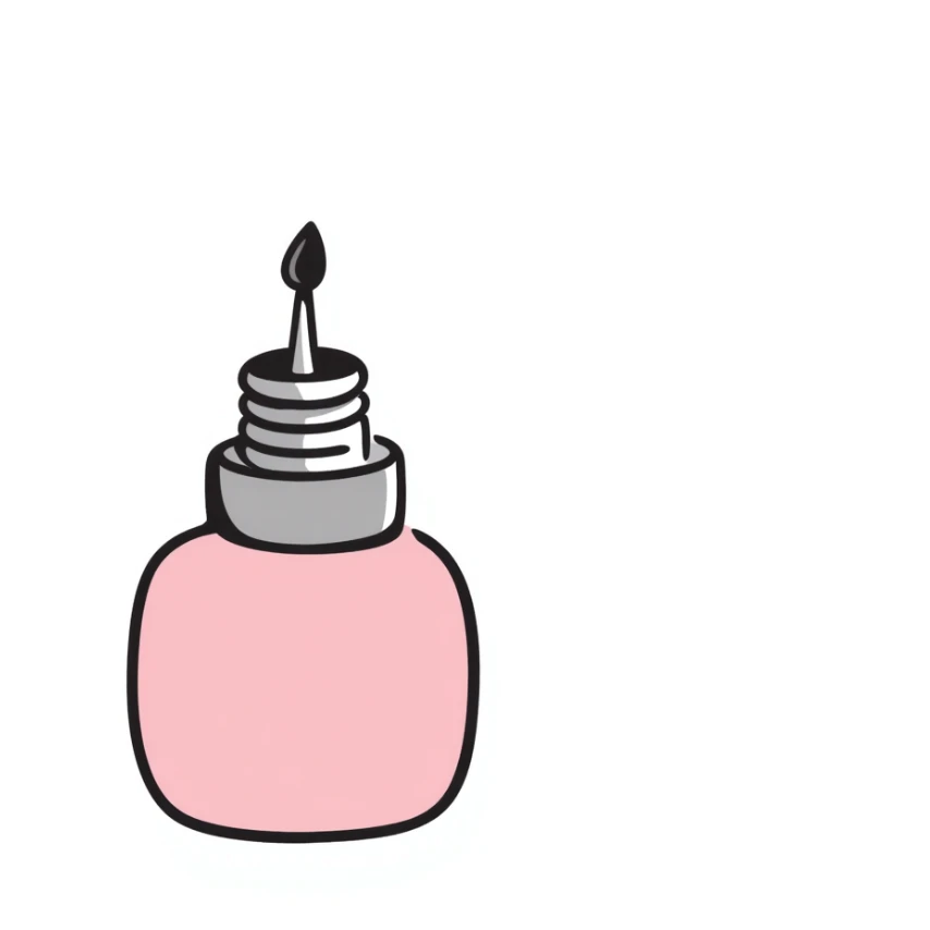 nail polish bottle with brush in pastel colors dd9fb0 ffc6d3 a3bfc9 c4bee2 f1b091, hand-drawn doodle style sticker