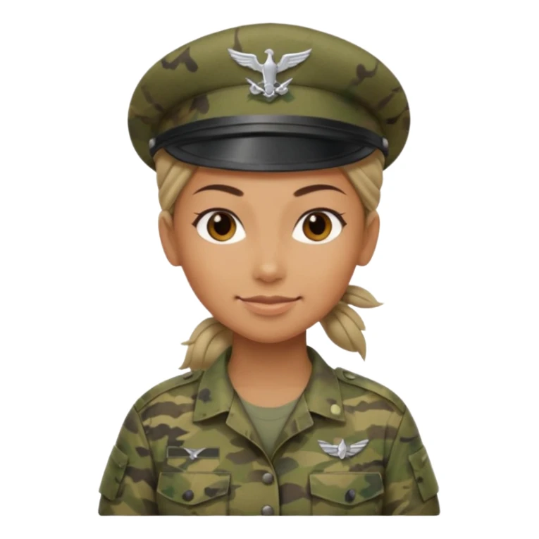 Apple emoji look — female soldier, no cap/helmet, bust, neutral smile, generic camo shirt, hair tied back, soft gradients, no weapon sticker