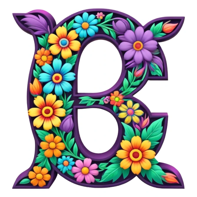 3D, gothic style psychedelic colored Letter C with hippie style flower border sticker