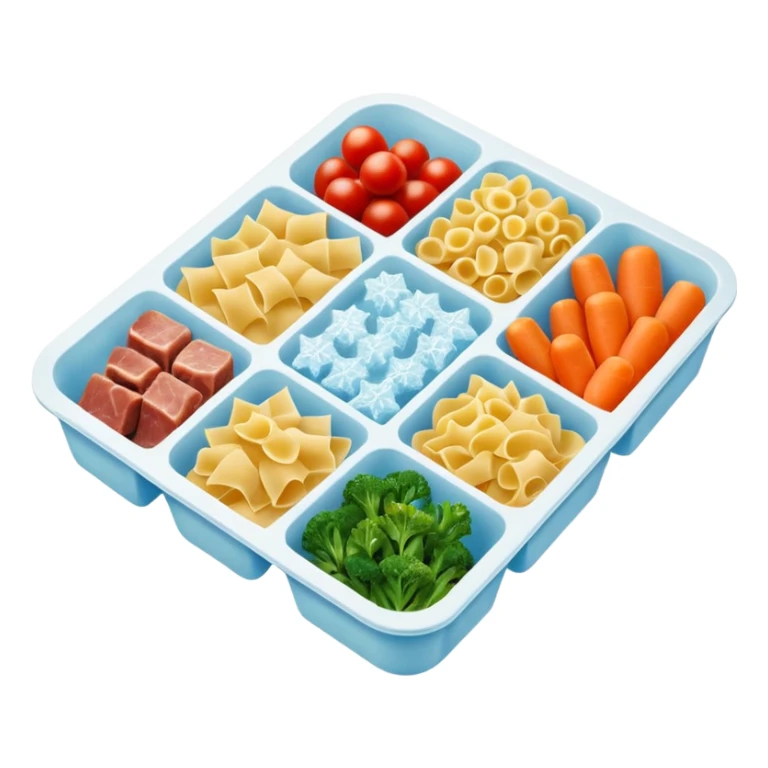 rectangular frozen food tray 2-3 compartments frozen pasta vegetables meat frosty ice crystals muted colors firm uncooked dark simple tray no branding no utensils no packaging soft lighting transparent background emoji scale sticker