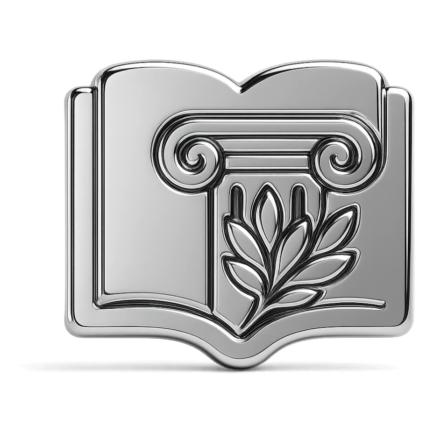 Minimal flat icon representing stoic philosophy and journaling: an open notebook combined with a classical column or laurel symbol, representing wisdom, reflection and inner discipline sticker