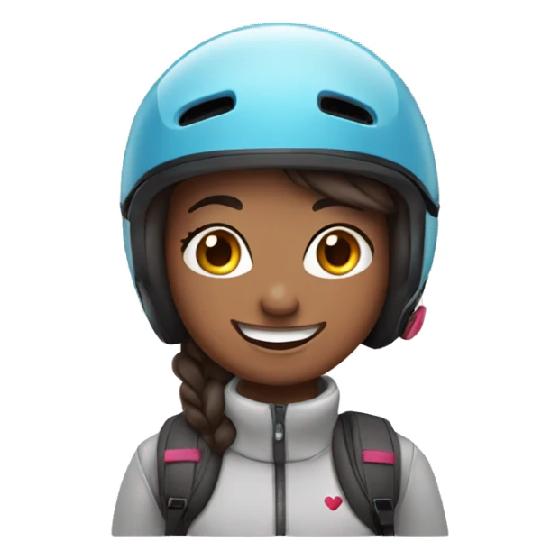 Brunete wearing a skiing helmet and smiling with a heart sticker