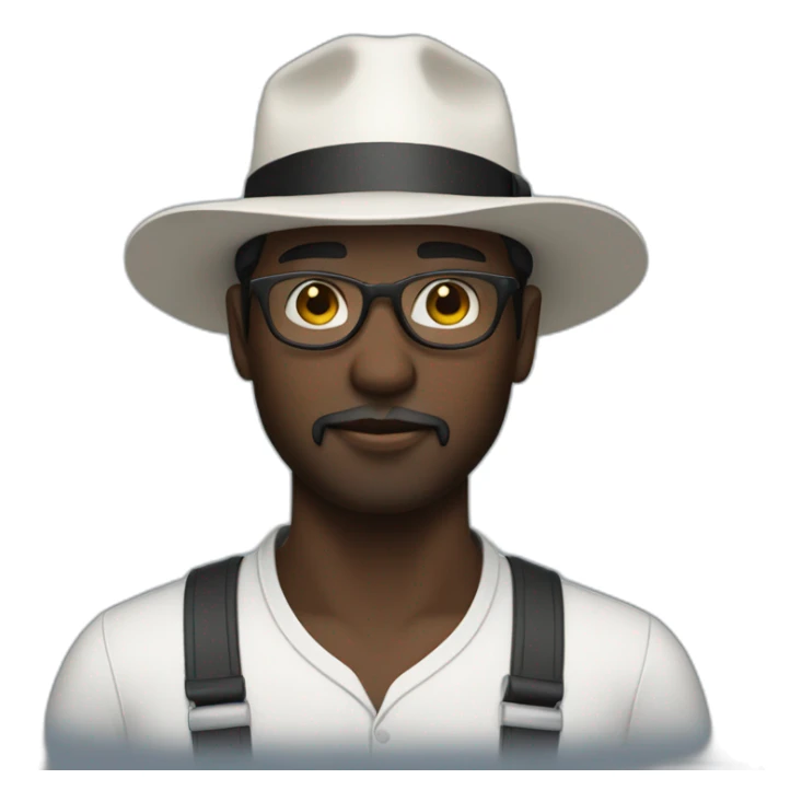 Dark skinned man with a white fedora and glasses and small black beard sticker