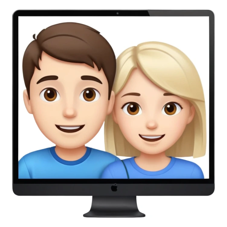 boy and girl on a video call, computer screens with faces, happy conversation sticker