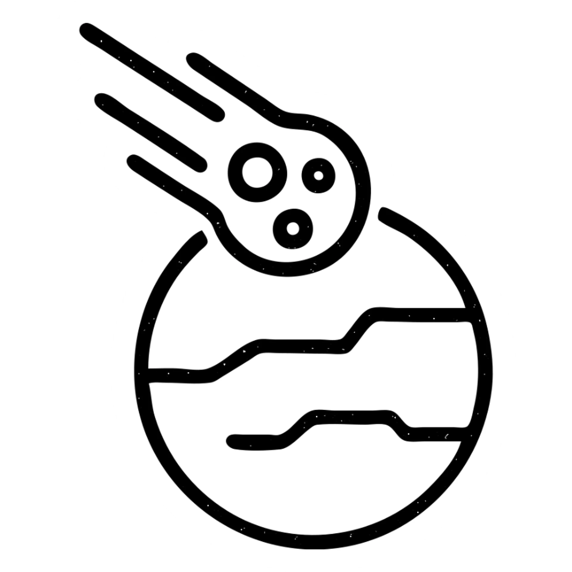 minimalist outlined icon of a meteor hitting a planet, worn distressed effect sticker