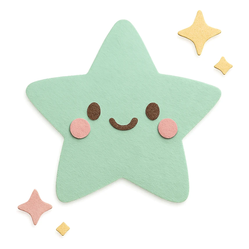 cute mint green star, tiny twinkle sparkles, soft pastel colors, no limbs, full body, paper craft style sticker