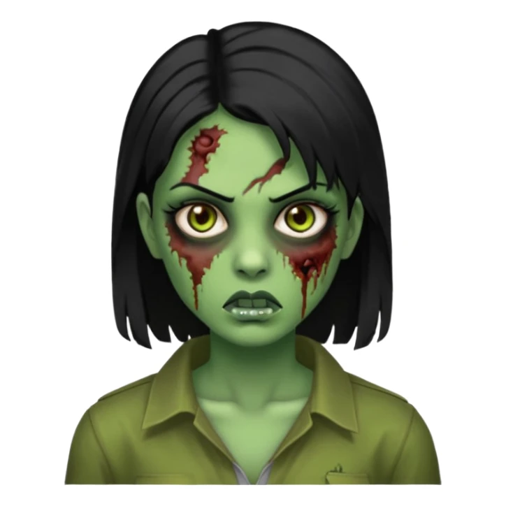 Faça uma zombie mulher bonita verde com olhos castanhos cabelos pretos partido ao meio liso com estilo de y2k baddie sticker