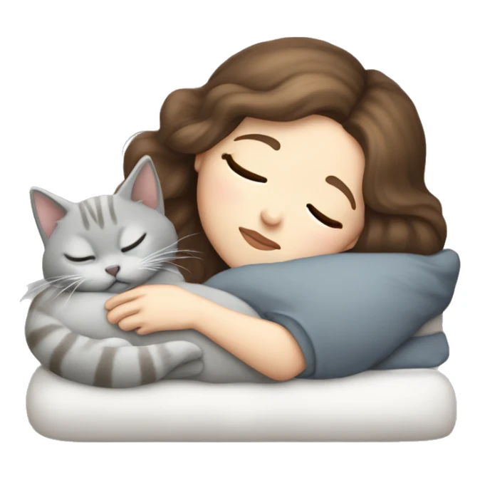 White girl brown hair sleeping with light grey kitty sticker