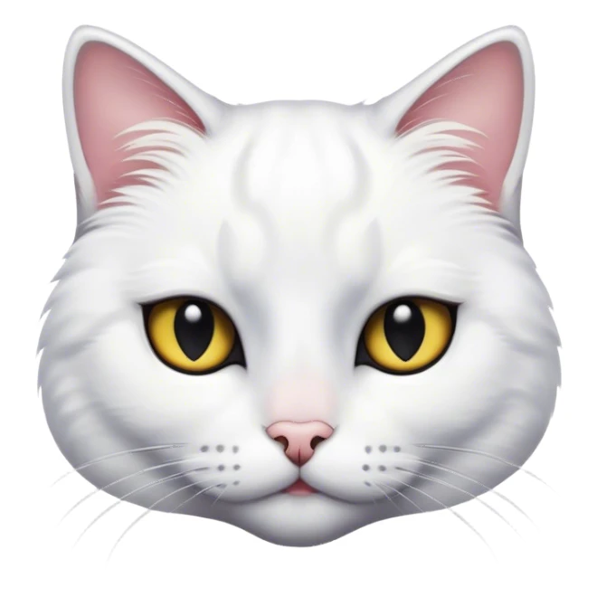 A white cat with a black spot on her left eye and a black back sticker