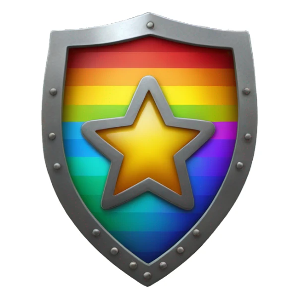 A circle metal shield that has a star in the middle and has rainbow stripes along the outside  sticker