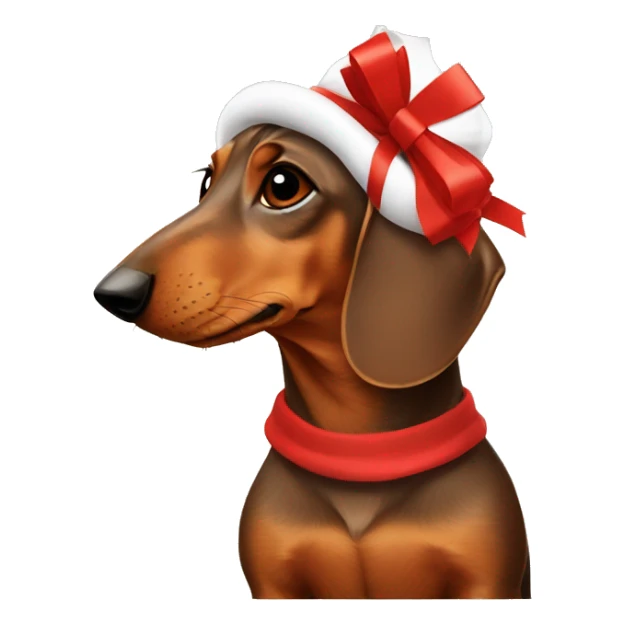 Brown Dachshund wrapped in holiday paper with red bow on head sticker