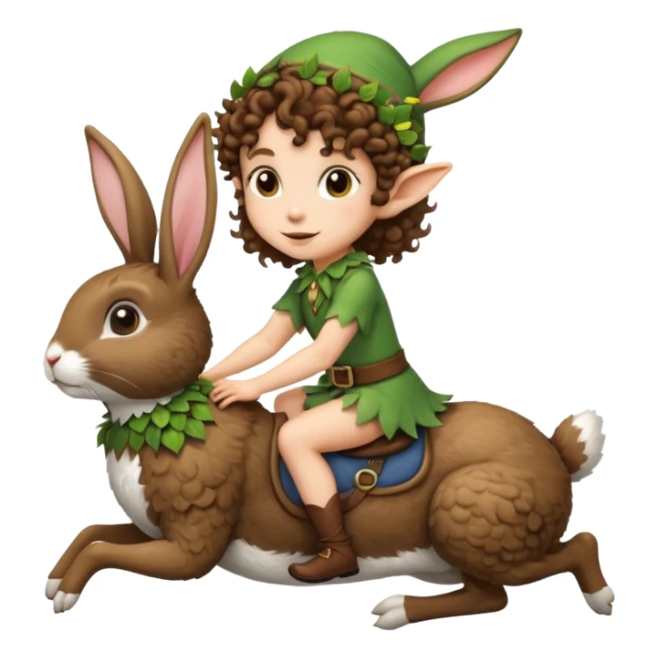 tiny forest elf short tight curly brown hair riding rabbit sticker