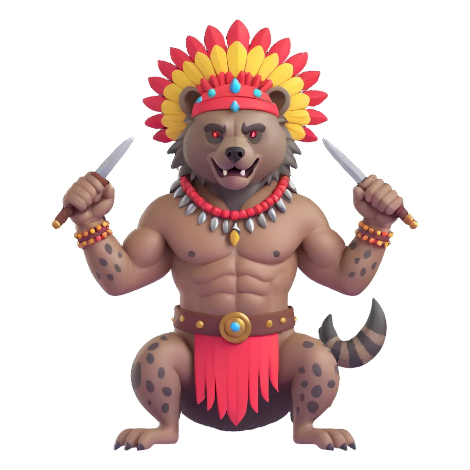 A native strong buff hyena with war bonnet flexing posing full body holding a chopped off human head by the hair  sticker