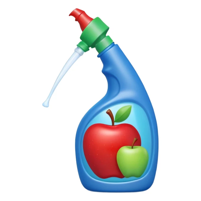 angled plastic squeeze bottle with curved neck and pointed nozzle for toilet rims, opaque or slightly translucent, bold colors blue, green, red, firm ergonomic shape, no label, brush, or toilet, apple emoji style, soft lighting, subtle shadows, transparent background, emoji scale sticker