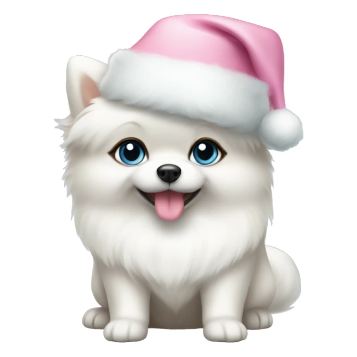 white pomeranian puppy full body light blue eyes pink christmas hat on sticker