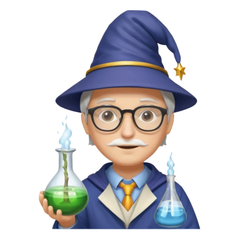 scientist with glasses, wearing wizard hat custome, with glass vase sticker