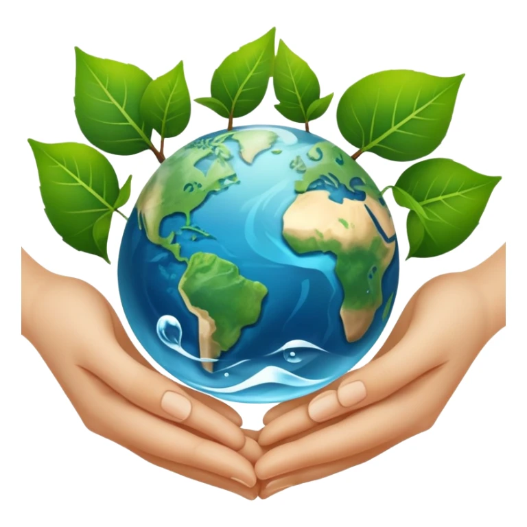 An icon featuring a green leaf, Earth held in hands, and a recycling symbol, symbolizing ecology. The design includes trees, clean water, and animals, representing environmental protection, sustainability, and ecosystems. Transparent background highlights the science of nature and conservation. sticker