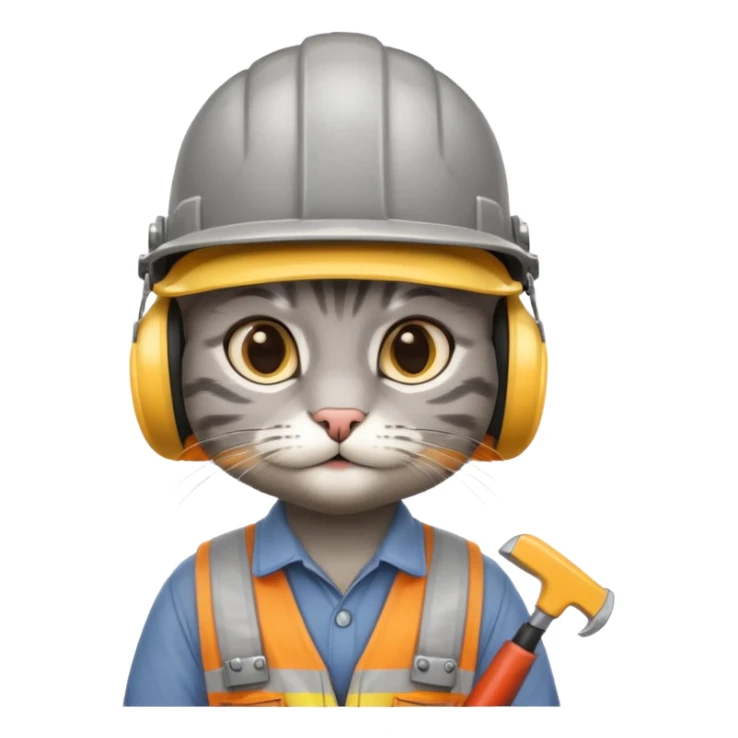 gray cat, handyman Outfit, wearing a Helmet sticker