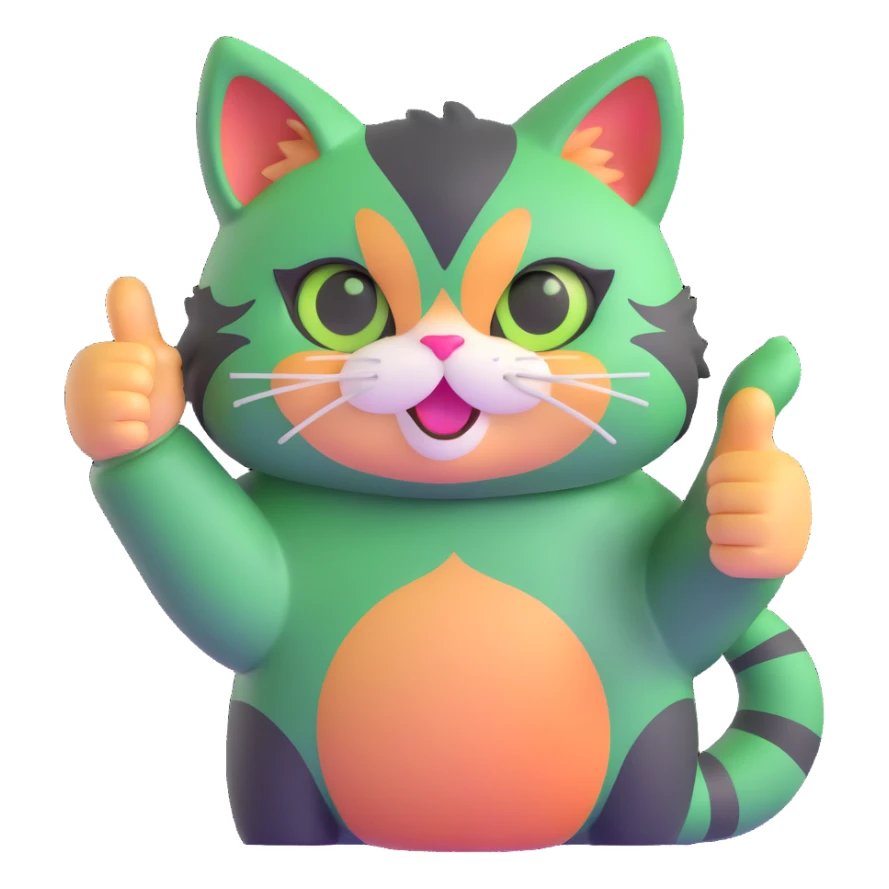 tricolor fluffy cat with big green eyes giving thumbs up sticker