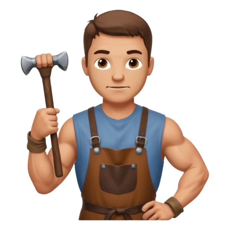 Emoji portrait of a Celtic blacksmith. Work clothes, muscular arms, holding a hammer and wearing a leather apron. sticker