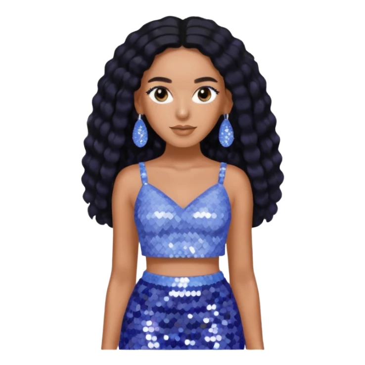 Solange with long black hair, periwinkle sequin crop top, periwinkle sequin skirt, periwinkle earring sticker