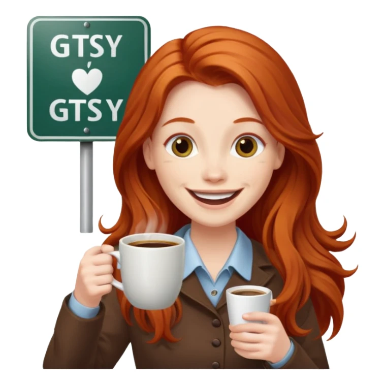Excited long haired redhead drinking coffee holding sign in front saying GTSY sticker