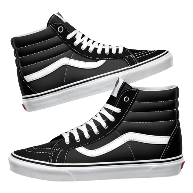 Black Vans Sk8-Hi high top shoes arranged as a pair with one slightly behind the other, classic black with white jazz stripe and white sole sticker
