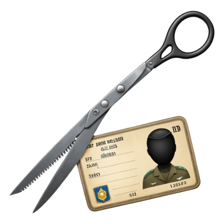 Floating black Scissors cutting in half an idf soldier ID card in 2 parts .hyper realistic sticker