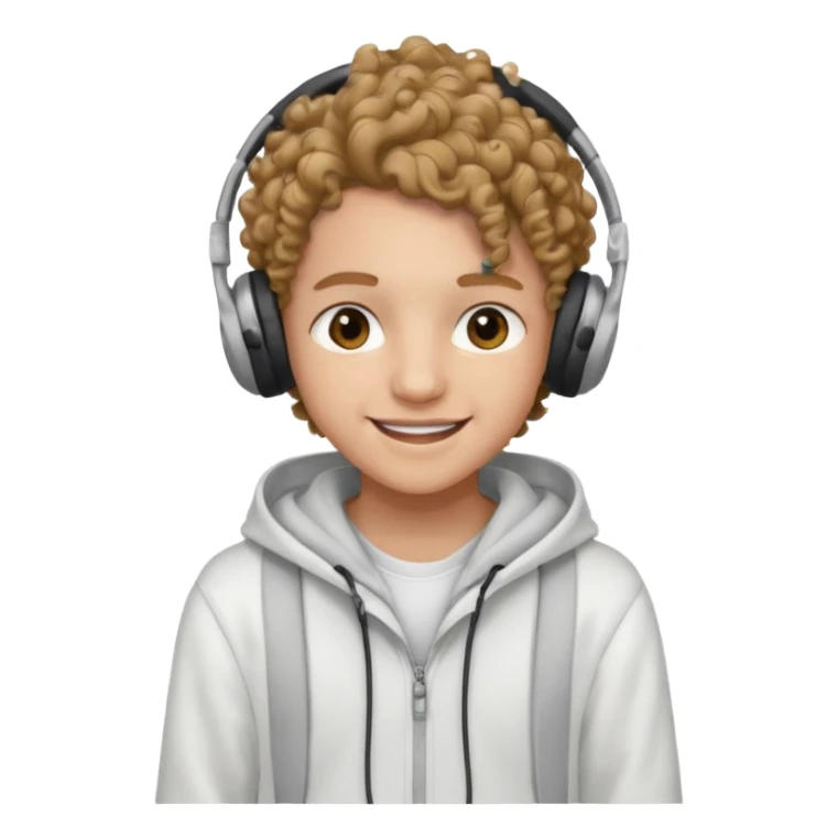 Faça um adolescente de cabelo cacheado médio sorrindo com um aparelho dental e fones de ouvido, com um moletom branco sticker