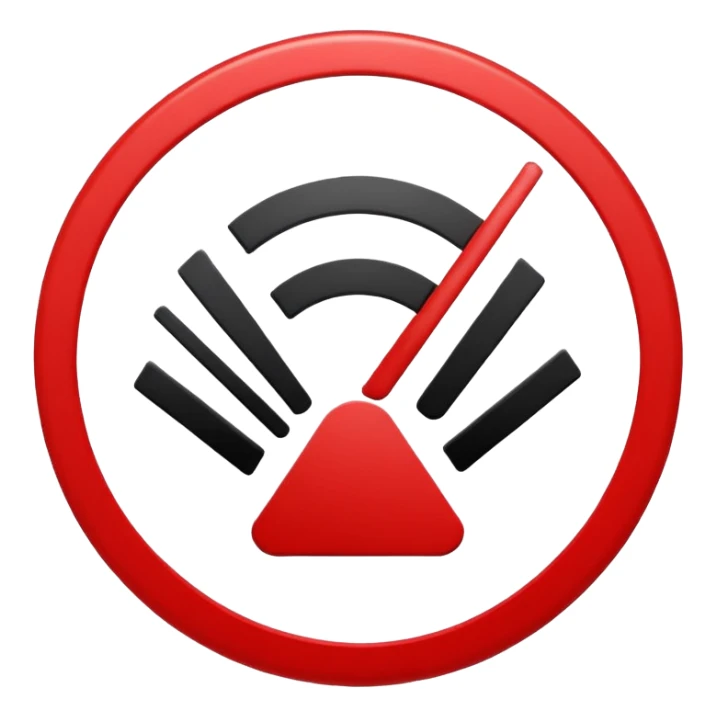 Minimalist “No Wi-Fi” icon, flat vector style on white background. A clean black Wi-Fi signal symbol inside a bold red circle with a diagonal slash. Simple, modern, and easy to recognize — clearly shows no internet connection or poor connection. sticker