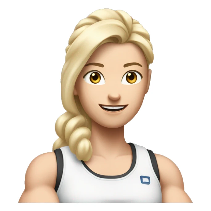 Close up Actively gesturing  with hands Pale skinned Fit woman With the biceps and blonde hair in dark gray Sleeveless Mike, black sports shorts, watch and white Sneakers sticker