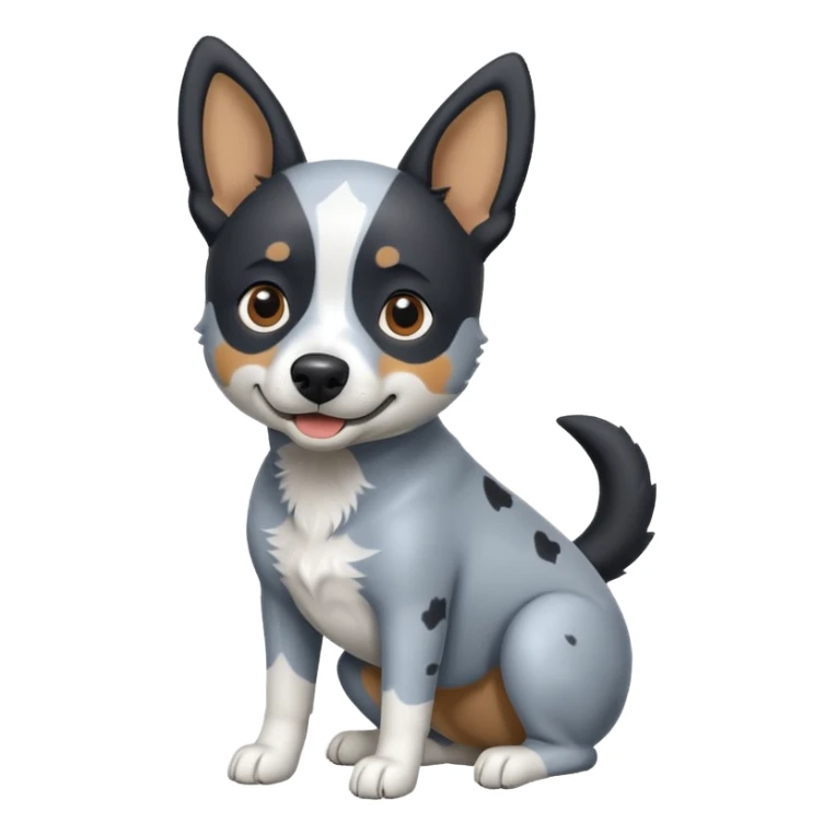 black, grey, and white blue heeler dog, emoji style, playful pose, wagging tail, minimal background sticker