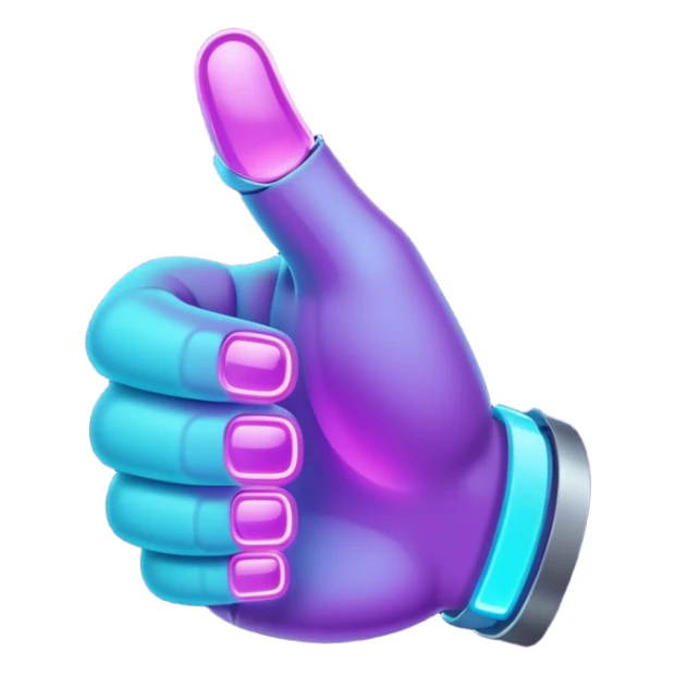 futuristic glowing thumbs up, neon purple and cyan light, dark background, digital tech style sticker