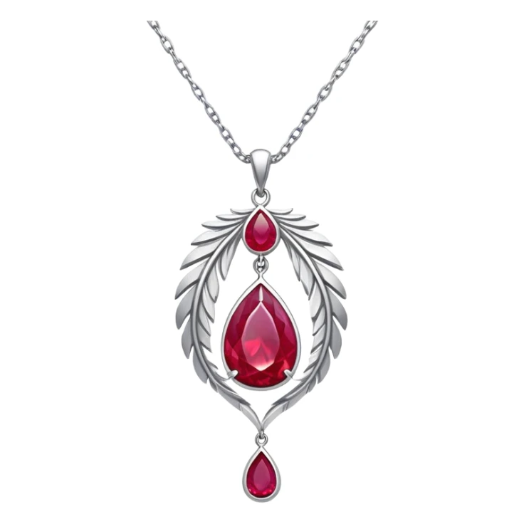 cosmic phoenix talisman, teardrop ruby with feather details, radiating rebirth, floating silver chain sticker