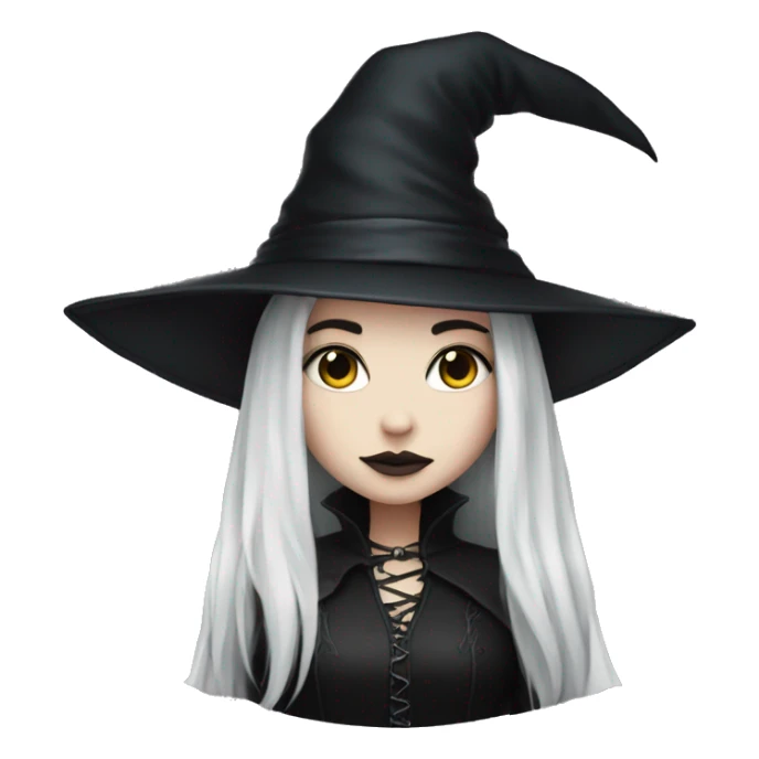 Goth girl, white skin, black long hair, witch hat sticker