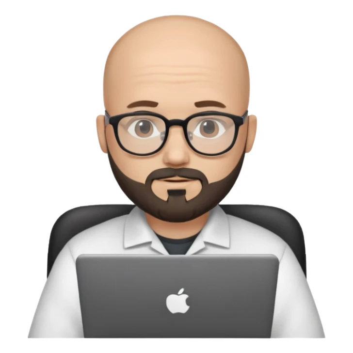 Bald white guy with black chin and jaw beard who works remotely with data sticker