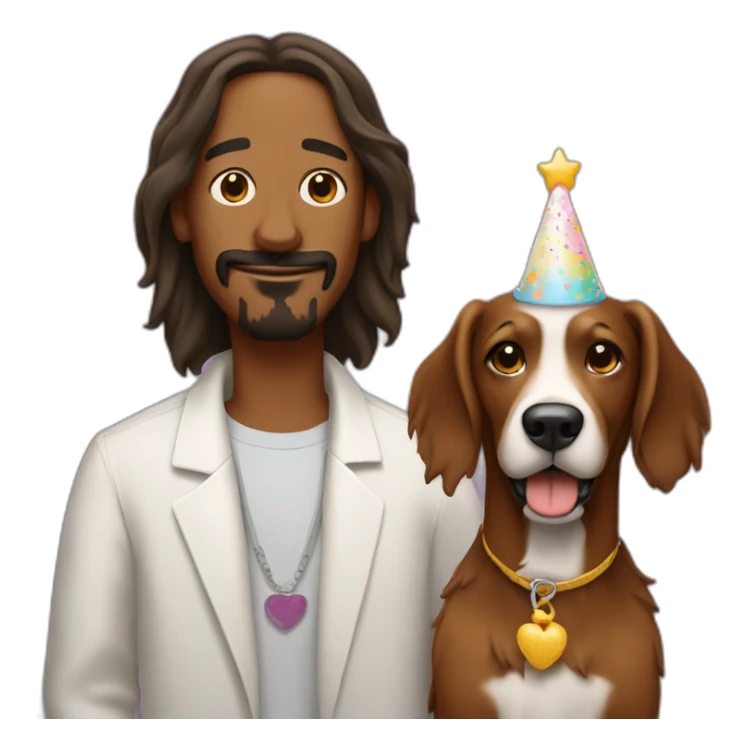 Snoop dog with a shaggy brown dog. He has a birthday cake sticker