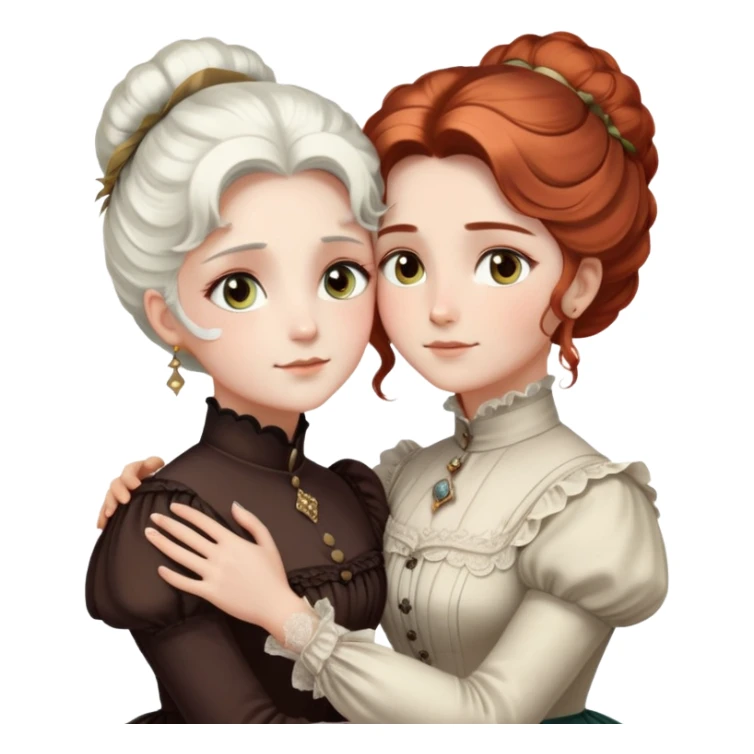 Two Victorian women embracing in a close hug, one with bright white coiffed hair and one with dark copper coiffed hair, both with light eyes, wearing Victorian high-neck dresses sticker