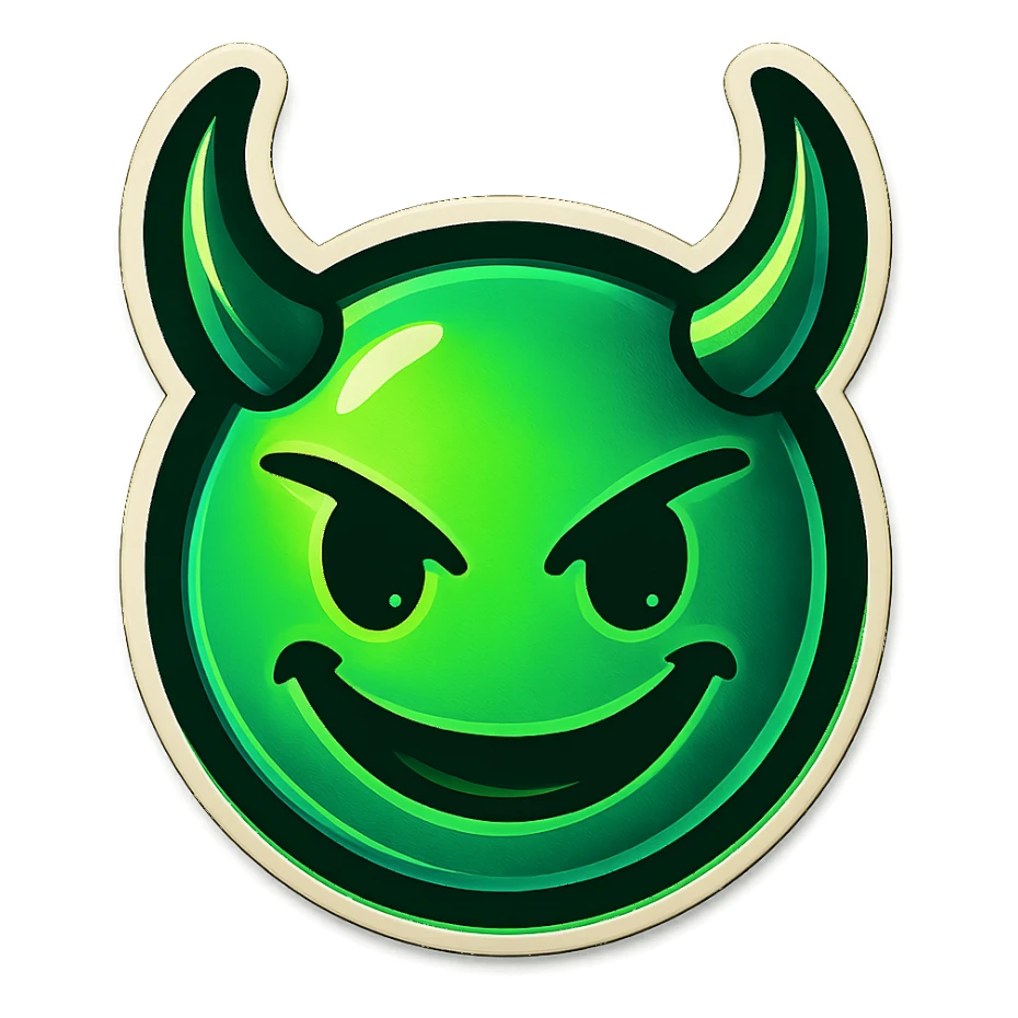 devil emoji, neon green and black colors, elegant horns, sinister smile, modern neon goth aesthetic, neon palette, vibrant neon style sticker