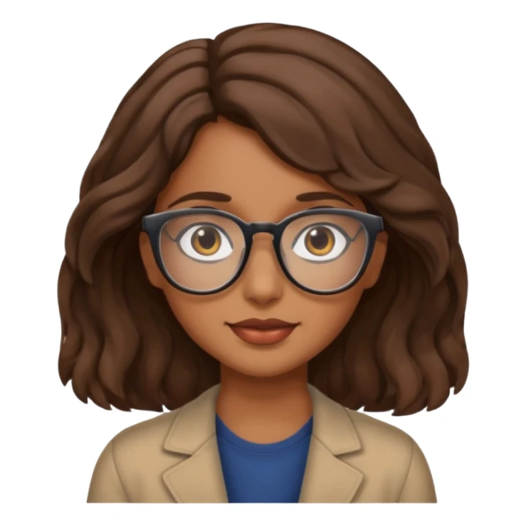 brown girl with wavy  shoulder length hair. glasses, sticker