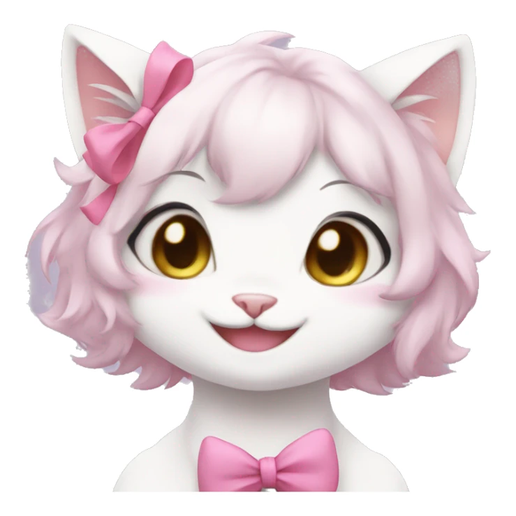 fursona white cat girl with pink bow cute laughing anime sticker