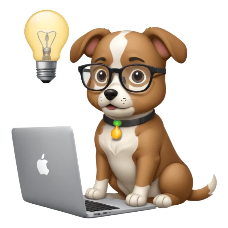 Like a cartoon (make it an intelligent dog with glasses) working with a computer (macbook, showing the apple logo) thinking and a light bulb above his head while he thinks sticker