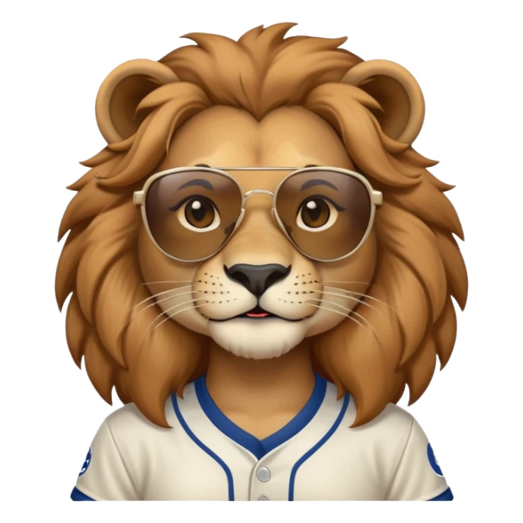 head and shoulders close-crop of a friendly anthropomorphised female lion wearing a baseball shirt and dark sunglasses sticker