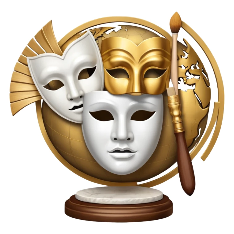 An icon featuring a classical sculpture, a paintbrush, and a theater mask, symbolizing the study of culture and arts. The design includes a world map in the background, representing diverse cultural traditions. Transparent background highlights the exploration of global art and heritage. sticker