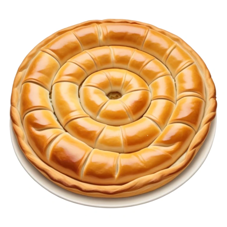 cinematic-realistic-flat burek-sa-sirom-dish-emoji,-showcasing-a-flaky-pastry-filled-with-cheese-rendered-with-crisp-textures-and-appetizing,-warm-lighting. round spiral sticker