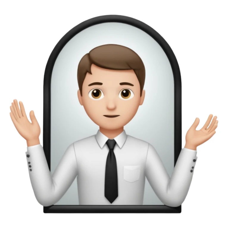 A man looking into a mirror holding his hand. He should be facing the mirror. He should be wearing a white dress shirt and a black tie. sticker