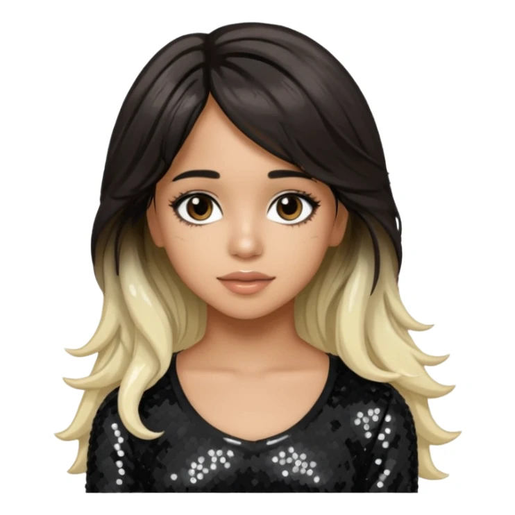 Camila Cabello from Fifth Harmony with long dark brown with platinum blonde highlights hair, black sequin outfit sticker