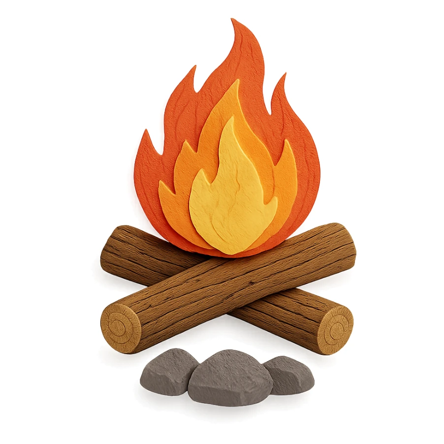 campfire, intricate flame textures, detailed wood grain, rocks with visible paper texture, paper craft style sticker